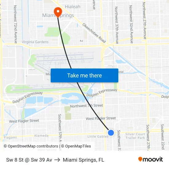 Sw 8 St @ Sw 39 Av to Miami Springs, FL map