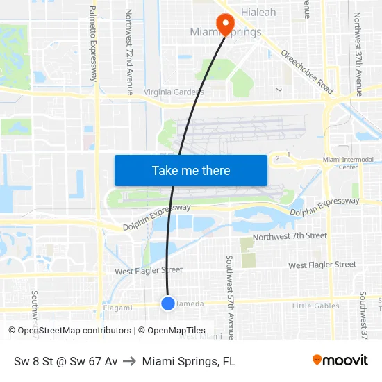 Sw 8 St @ Sw 67 Av to Miami Springs, FL map