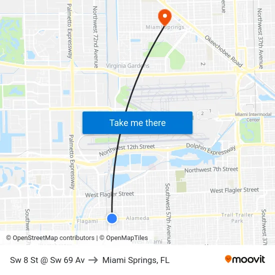 Sw 8 St @ Sw 69 Av to Miami Springs, FL map