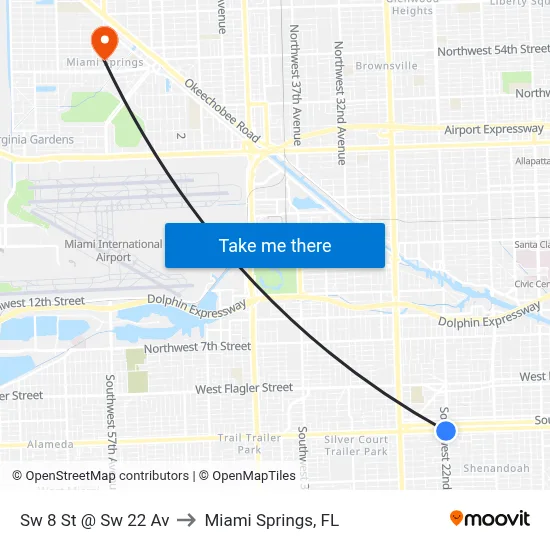 Sw 8 St @ Sw 22 Av to Miami Springs, FL map