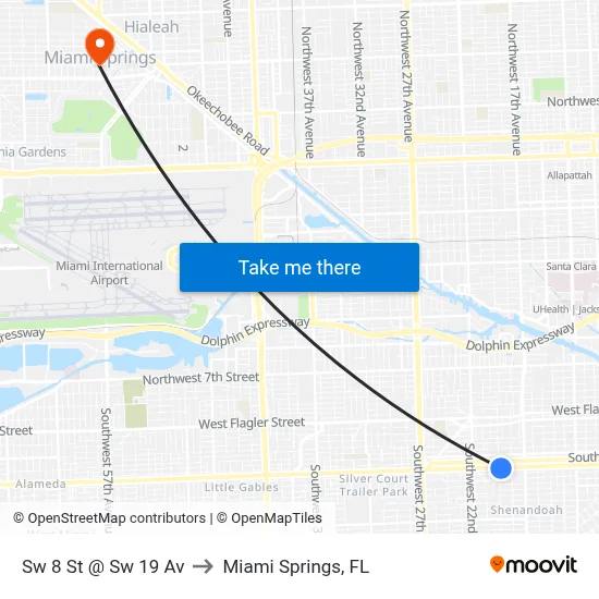 Sw 8 St @ Sw 19 Av to Miami Springs, FL map