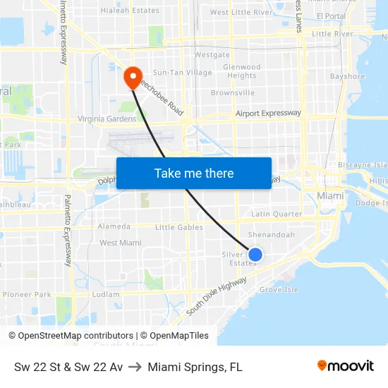 Sw 22 St & Sw 22 Av to Miami Springs, FL map
