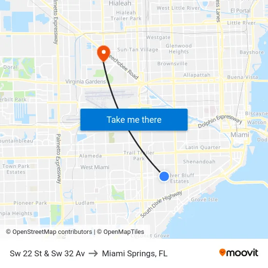 Sw 22 St & Sw 32 Av to Miami Springs, FL map