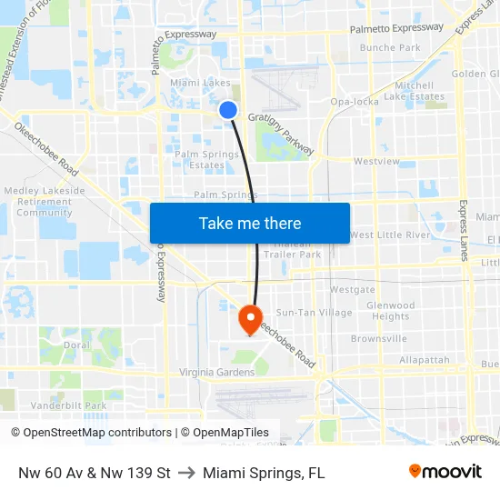 Nw 60 Av & Nw 139 St to Miami Springs, FL map