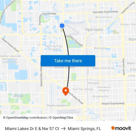 Miami Lakes Dr E & Nw 57 Ct to Miami Springs, FL map