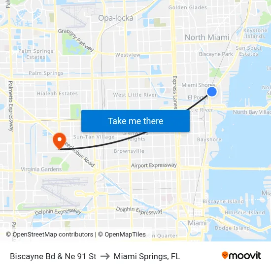 Biscayne Bd & Ne 91 St to Miami Springs, FL map