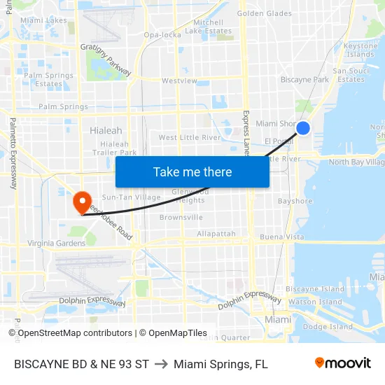 Biscayne Bd & Ne 93 St to Miami Springs, FL map