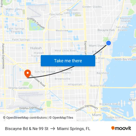 Biscayne Bd & Ne 99 St to Miami Springs, FL map