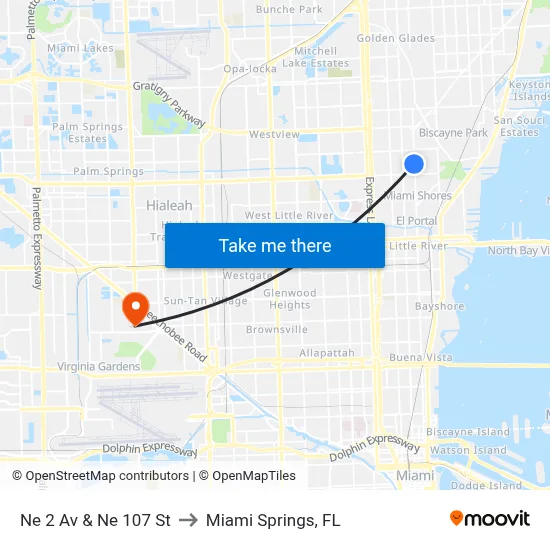 Ne 2 Av & Ne 107 St to Miami Springs, FL map