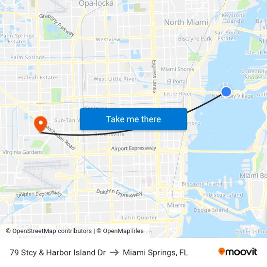 79 Stcy & Harbor Island Dr to Miami Springs, FL map