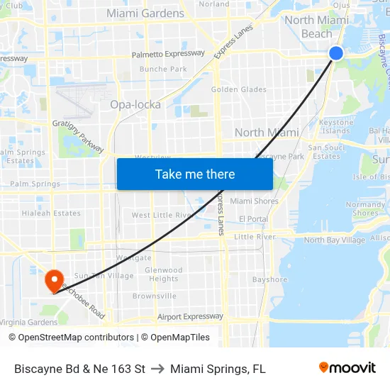 Biscayne Bd & Ne 163 St to Miami Springs, FL map