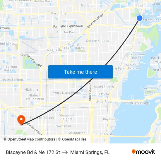 Biscayne Bd & Ne 172 St to Miami Springs, FL map