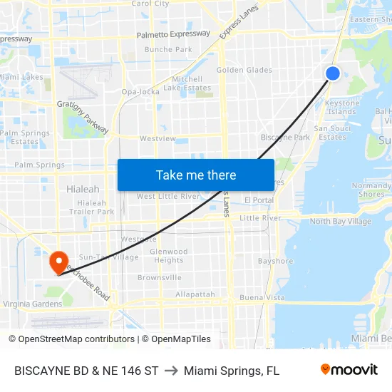 Biscayne Bd & Ne 146 St to Miami Springs, FL map