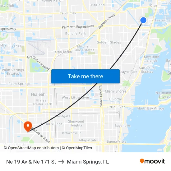Ne 19 Av & Ne 171 St to Miami Springs, FL map