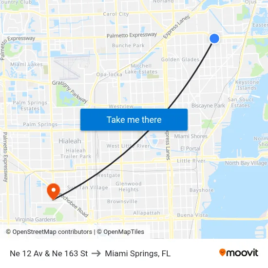 Ne 12 Av & Ne 163 St to Miami Springs, FL map