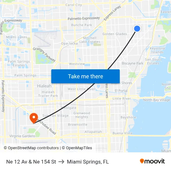 Ne 12 Av & Ne 154 St to Miami Springs, FL map