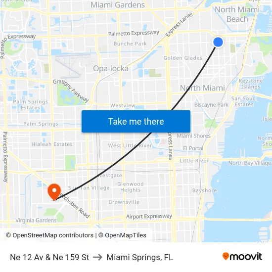 Ne 12 Av & Ne 159 St to Miami Springs, FL map