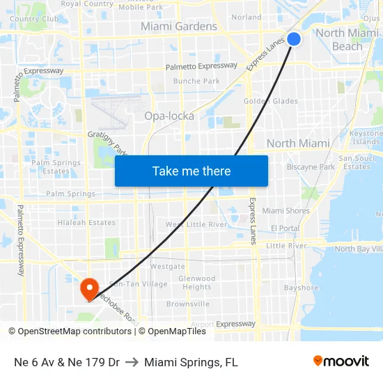 Ne 6 Av & Ne 179 Dr to Miami Springs, FL map