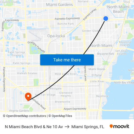 N Miami Beach Blvd & Ne 10 Av to Miami Springs, FL map