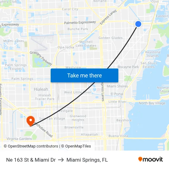Ne 163 St & Miami Dr to Miami Springs, FL map