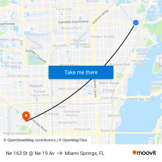 Ne 163 St @ Ne 19 Av to Miami Springs, FL map