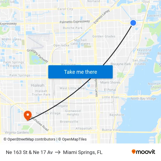 Ne 163 St & Ne 17 Av to Miami Springs, FL map