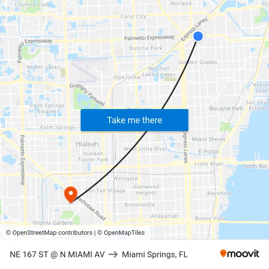 Ne 167 St @ N Miami Av to Miami Springs, FL map