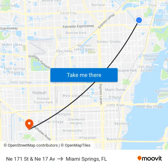 Ne 171 St & Ne 17 Av to Miami Springs, FL map