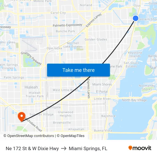 Ne 172 St & W Dixie Hwy to Miami Springs, FL map