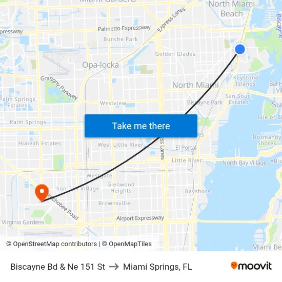 Biscayne Bd & Ne 151 St to Miami Springs, FL map