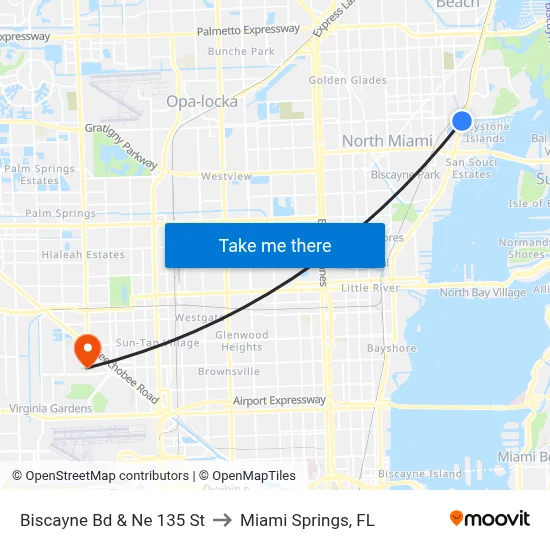 Biscayne Bd & Ne 135 St to Miami Springs, FL map