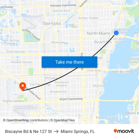 Biscayne Bd & Ne 127 St to Miami Springs, FL map