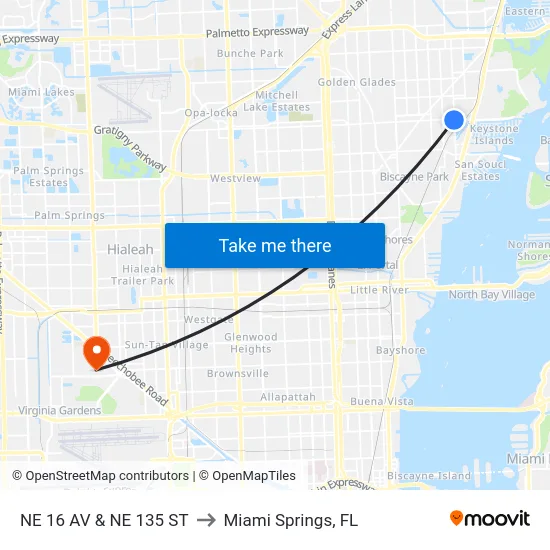 Ne 16 Av & Ne 135 St to Miami Springs, FL map