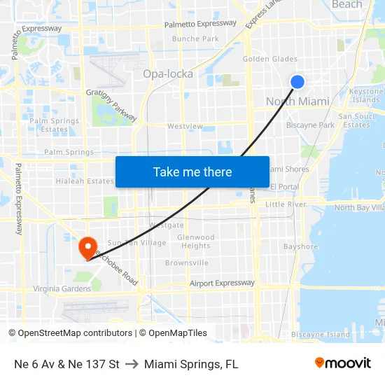 Ne 6 Av & Ne 137 St to Miami Springs, FL map