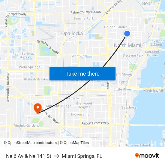 Ne 6 Av & Ne 141 St to Miami Springs, FL map
