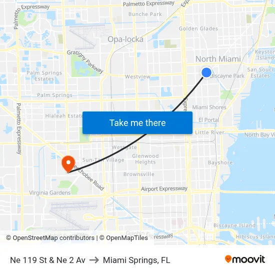 Ne 119 St & Ne 2 Av to Miami Springs, FL map