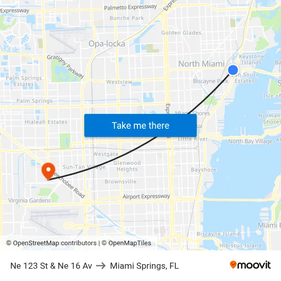 Ne 123 St & Ne 16 Av to Miami Springs, FL map