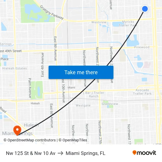Nw 125 St & Nw 10 Av to Miami Springs, FL map