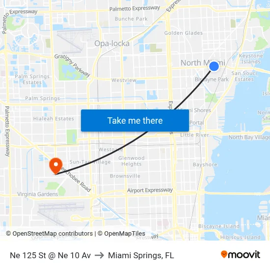 Ne 125 St @ Ne 10 Av to Miami Springs, FL map