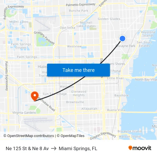 Ne 125 St & Ne 8 Av to Miami Springs, FL map