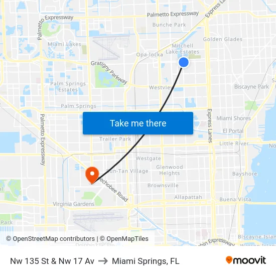 Nw 135 St & Nw 17 Av to Miami Springs, FL map