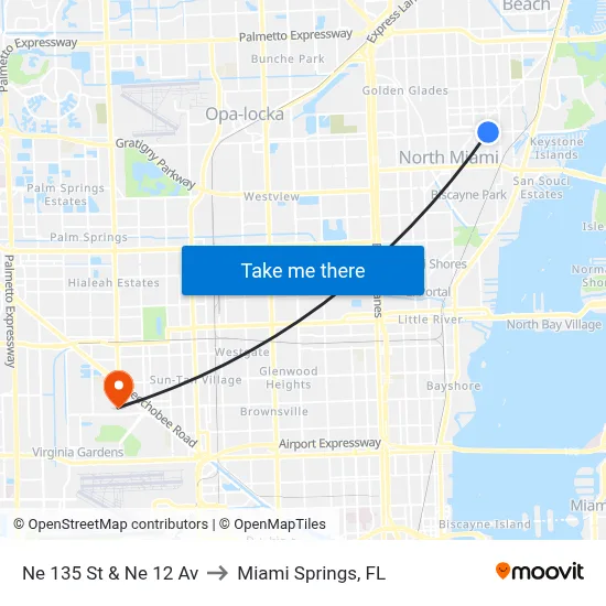 Ne 135 St & Ne 12 Av to Miami Springs, FL map