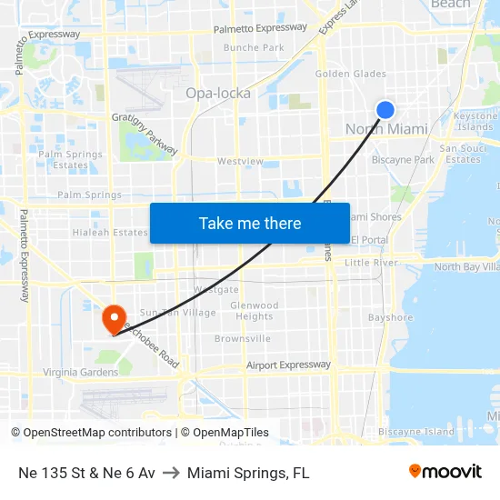 Ne 135 St & Ne 6 Av to Miami Springs, FL map