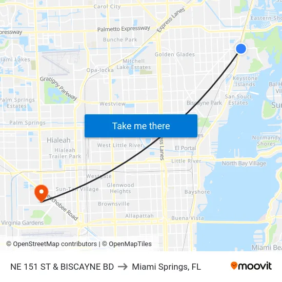 Ne 151 St & Biscayne Bd to Miami Springs, FL map