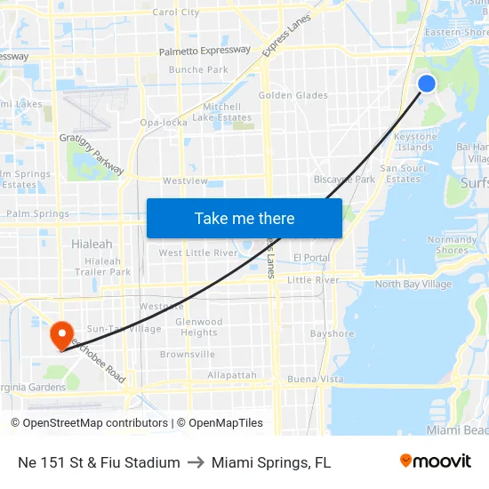 Ne 151 St & Fiu Stadium to Miami Springs, FL map