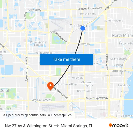 Nw 27 Av & Wilmington St to Miami Springs, FL map