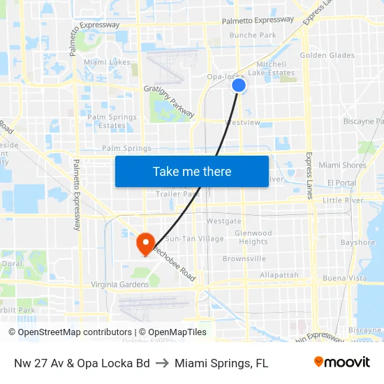 Nw 27 Av & Opa Locka Bd to Miami Springs, FL map
