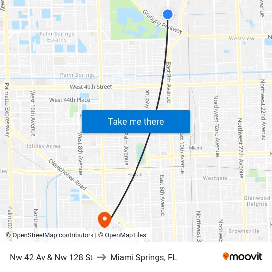 Nw 42 Av & Nw 128 St to Miami Springs, FL map