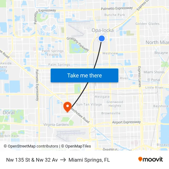 Nw 135 St & Nw 32 Av to Miami Springs, FL map