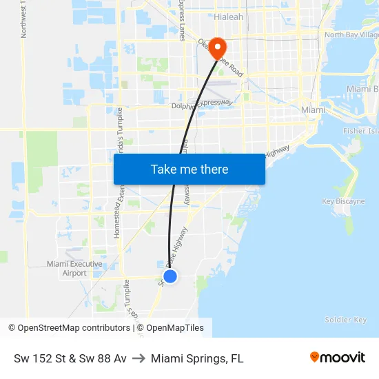 Sw 152 St & Sw 88 Av to Miami Springs, FL map